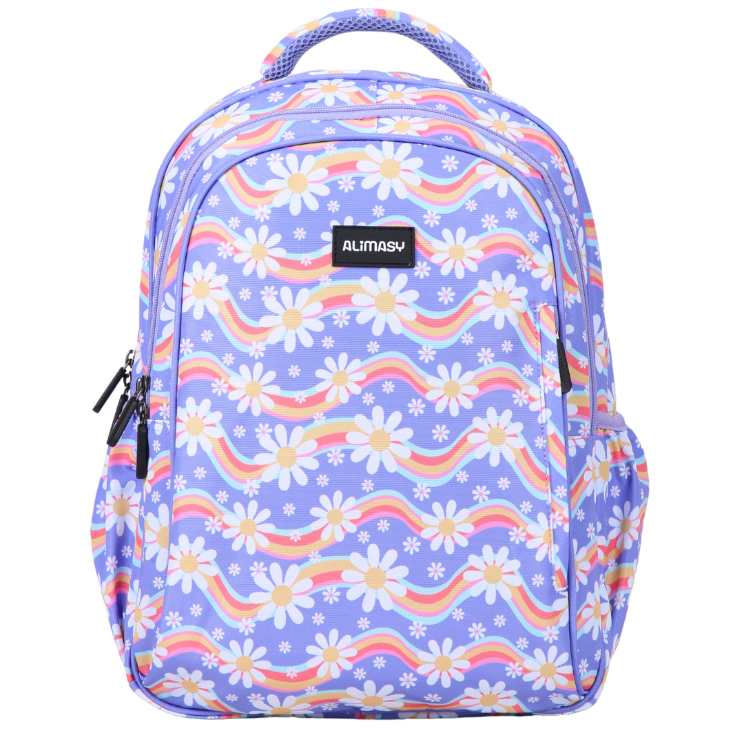 A midsize kids backpack with a dark blue background featuring a multicolored geometric pattern with daisies and rainbows.
