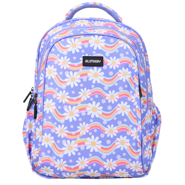 A midsize kids backpack with a dark blue background featuring a multicolored geometric pattern with daisies and rainbows.