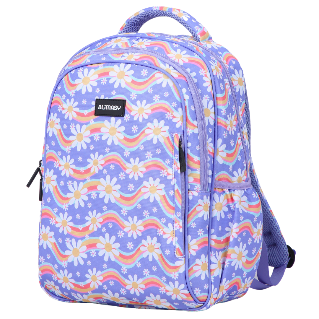 Rainbow Daisy Midsize Kids Backpack front view lightweight waterproof kinder bag, daycare bag, preschool and primary school bag Australia NZ