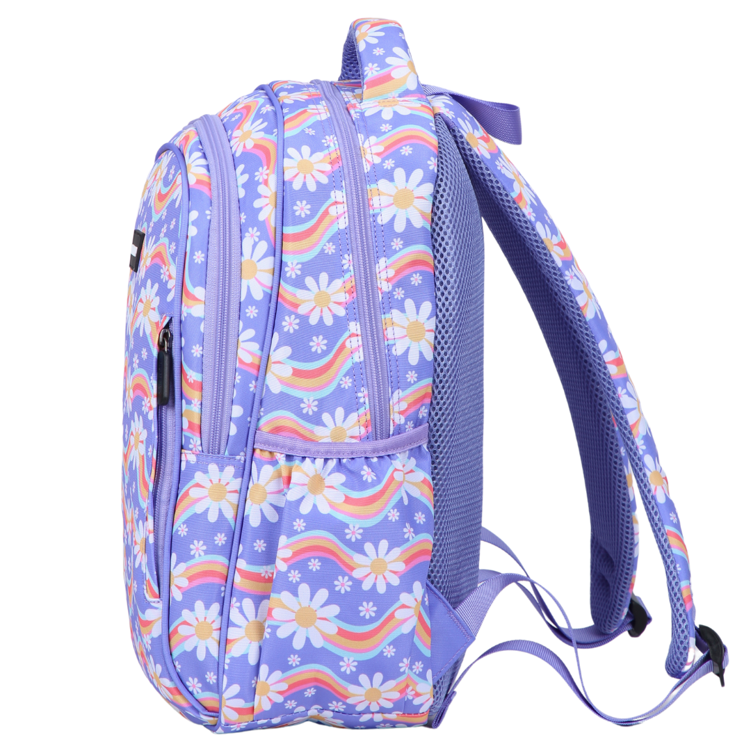 Rainbow Daisy Midsize Kids Backpack side pocket elasticated for secure water bottle storage