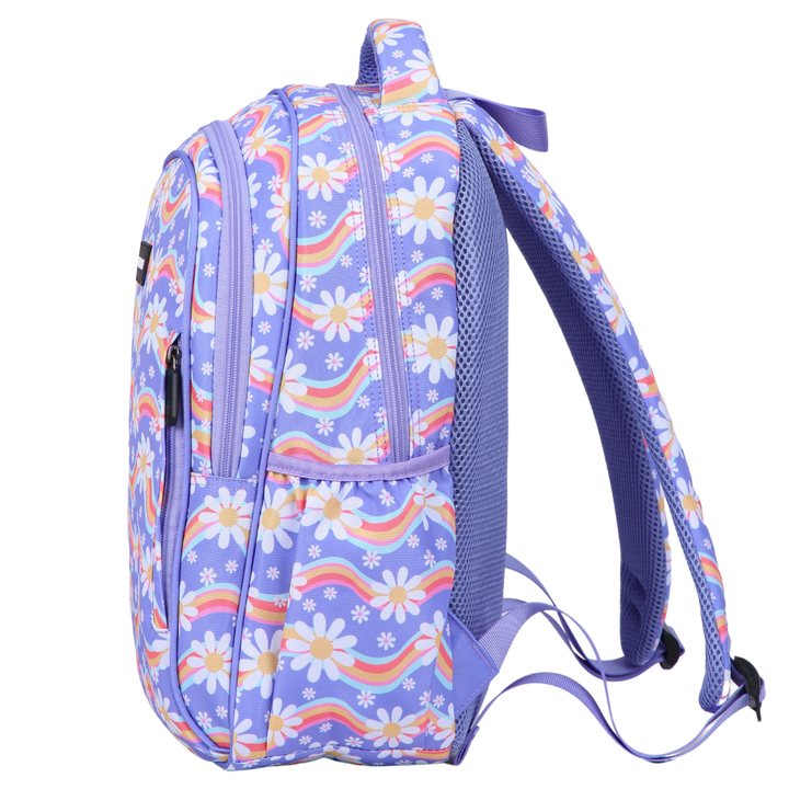 Rainbow Daisy Midsize Kids Backpack side pocket elasticated for secure water bottle storage
