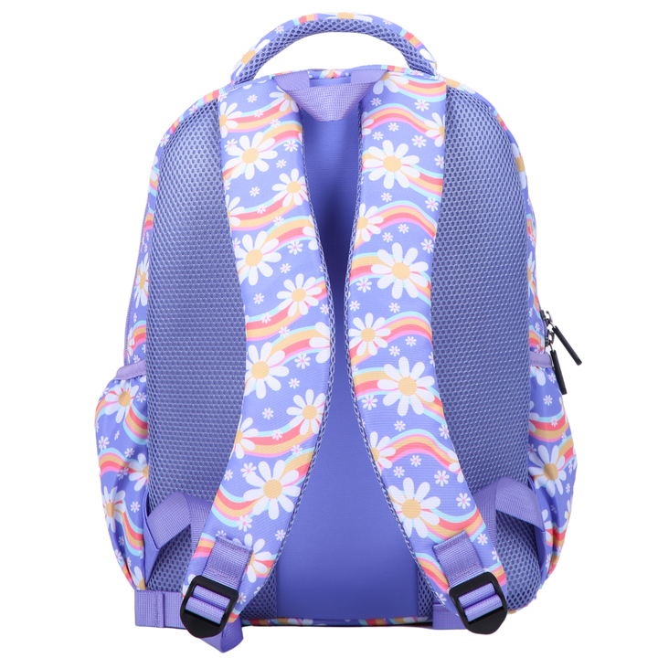 Rainbow Daisy Midsize Kids Backpack back view ergonomic padded straps and back, comfortable waterproof kids school bag