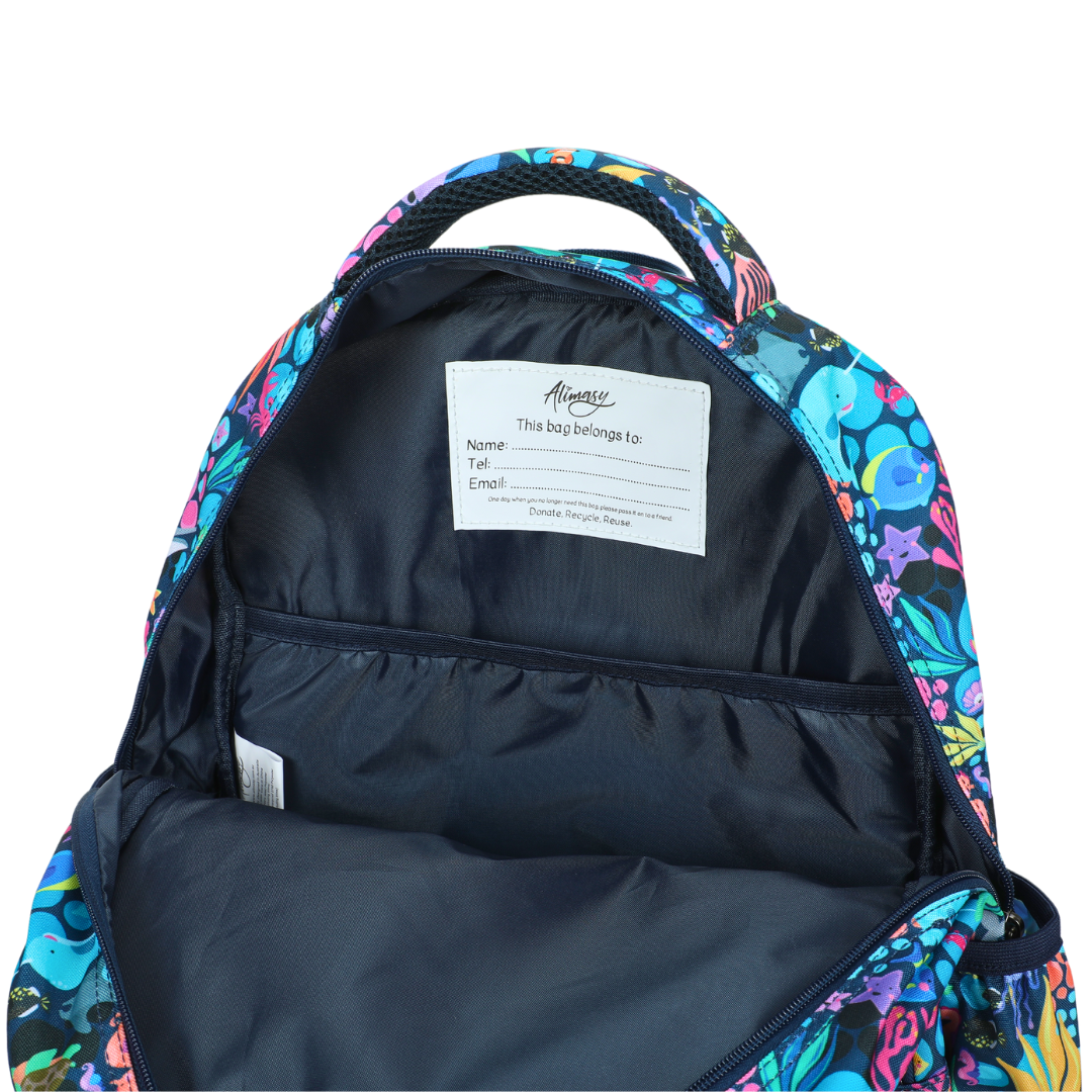 Close-up of Sealife Large School Backpack Easy clean waterproof lining and durable fabric