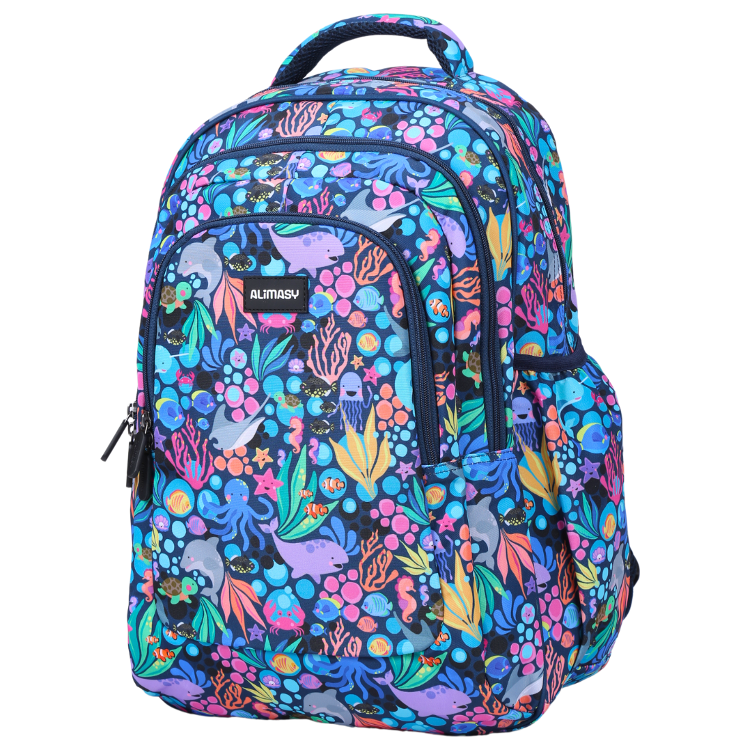 Angled view of Blue Sealife Large School Backpack Lightweight yet strong with YKK zips