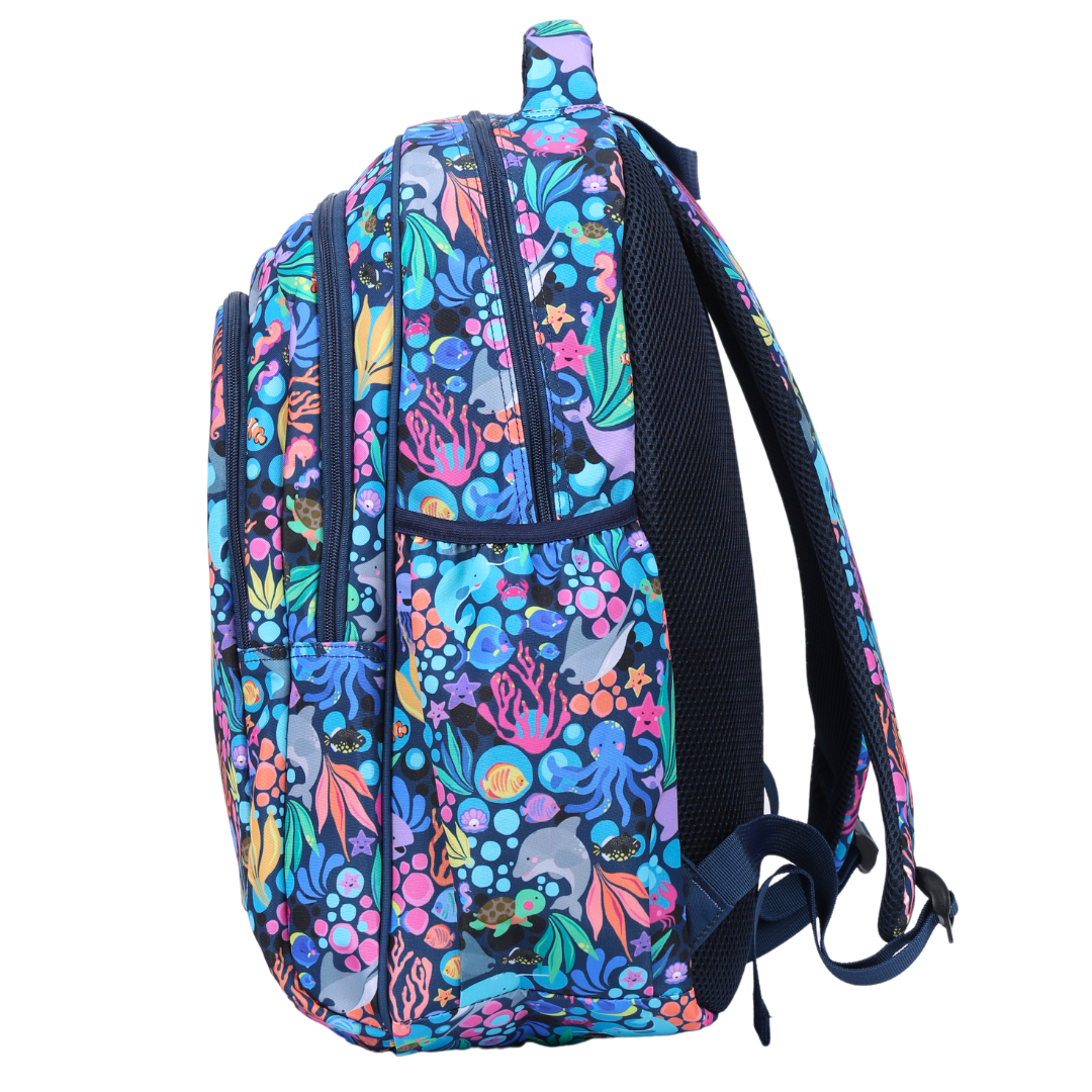Side view of Sealife Large School Backpack Deep side pockets and multiple carry handles
