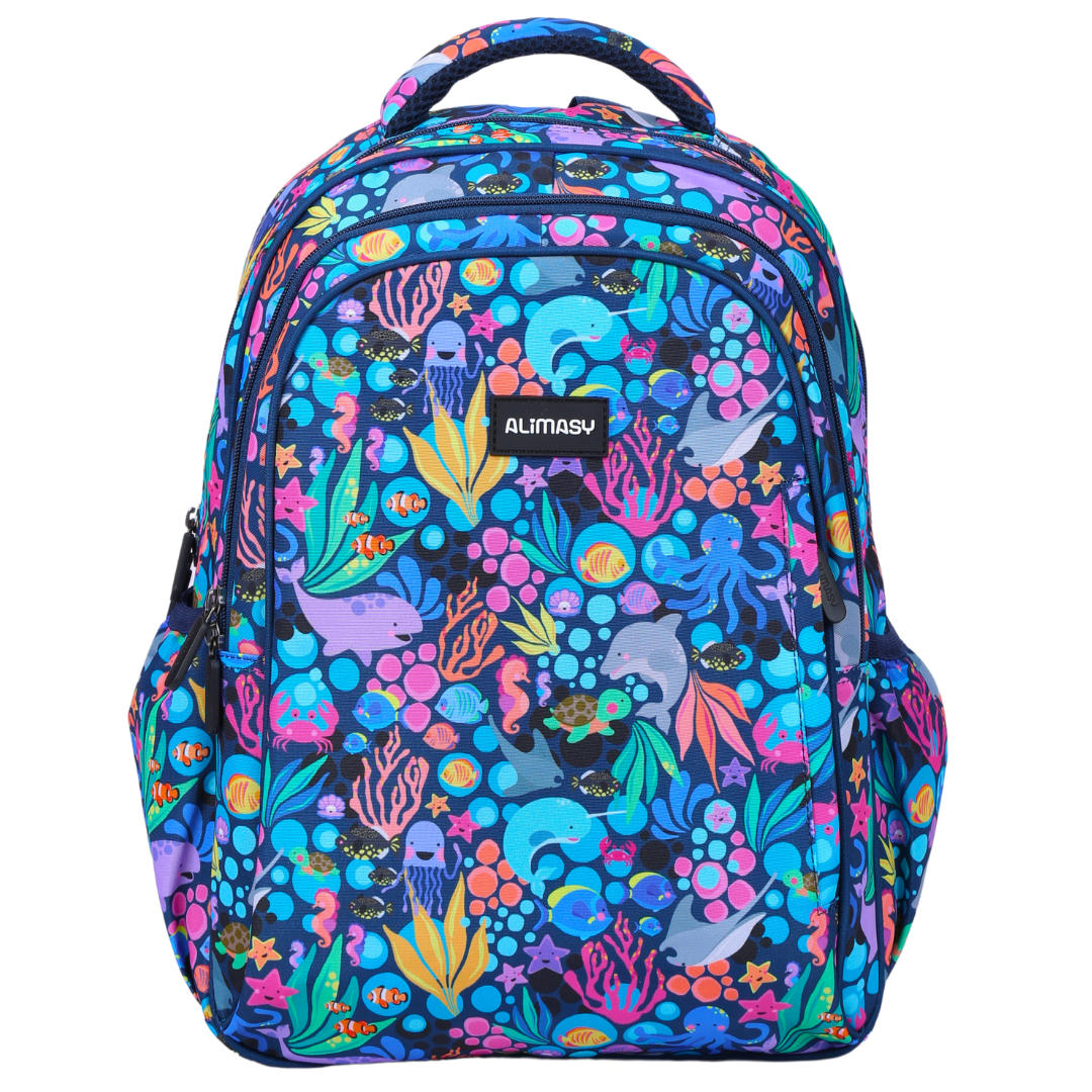 Blue Sealife Midsize Kids Backpack front view lightweight waterproof preschool and primary school bag Australia NZ