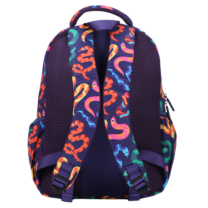 Bright Snakes Midsize Kids Backpack back view ergonomic padded straps and back, comfortable waterproof kids school bag
