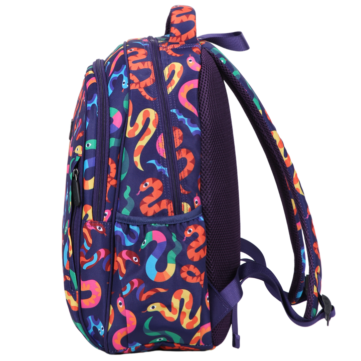 Bright Snakes Midsize Kids Backpack side pocket elasticated for secure water bottle storage