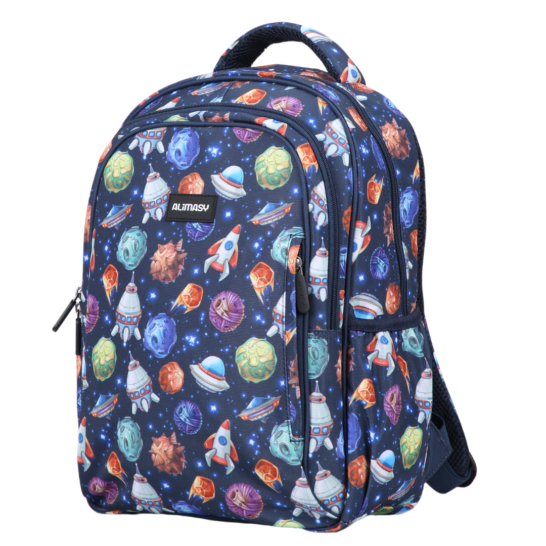 A midsize kids' backpack with a space-themed print, featuring planets and stars, in dark blue color with multiple compartments and padded straps.