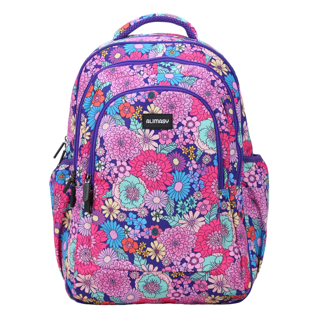 A large school backpack with a vibrant floral pattern in shades of pink, blue, and green, featuring multiple compartments and adjustable straps.