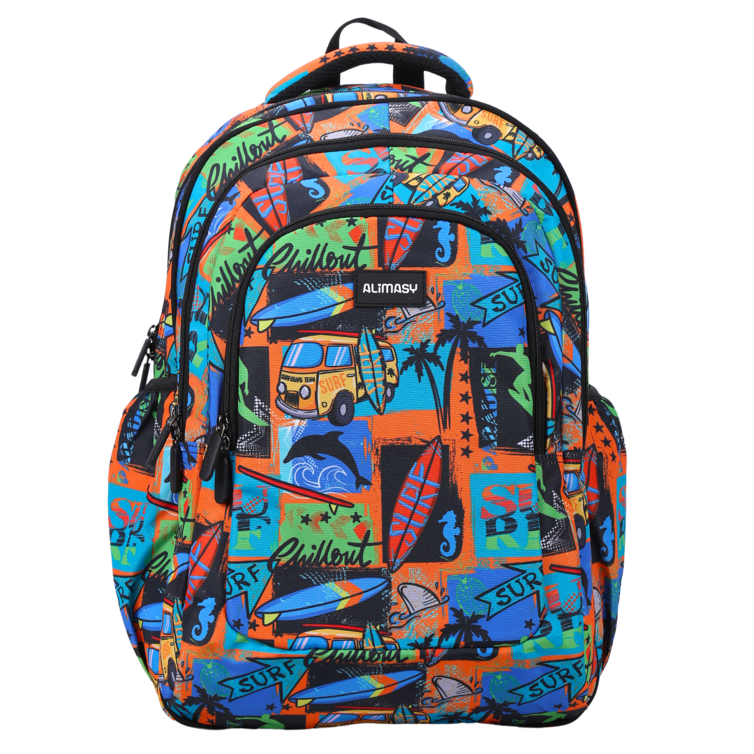 A large school backpack with a colorful surf-themed pattern, featuring multiple compartments, side pockets, and an ergonomic design with padded straps and back.