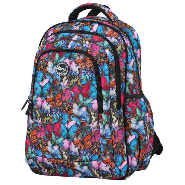 A large school backpack with a colorful butterfly print design, featuring multiple compartments, side pockets, and an ergonomic adjustable padded shoulder straps.