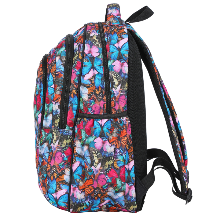 Side view of The Monarchy Large School Backpack Deep side pockets and multiple carry handles