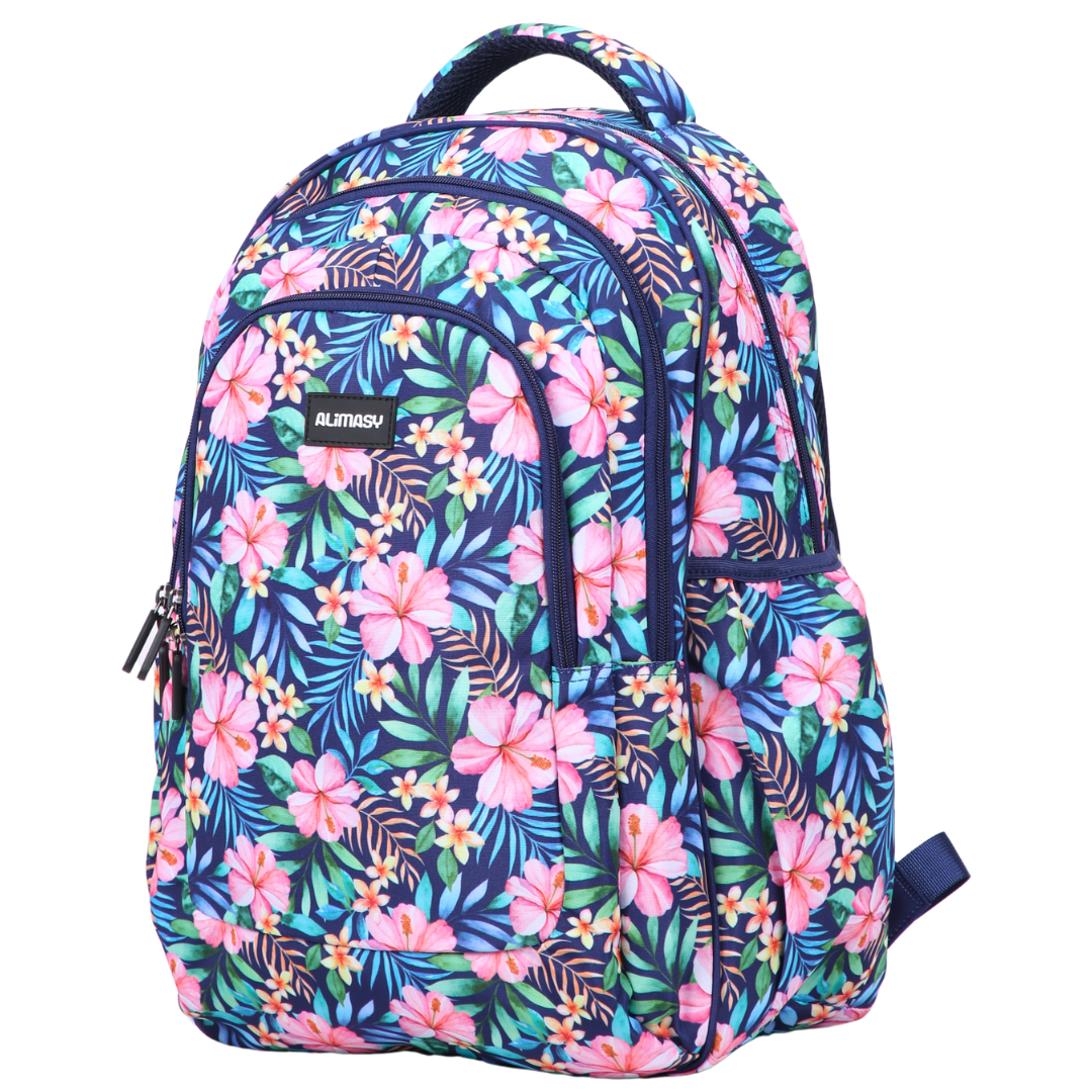 Angled view of Tropical Bloom Large School Backpack Lightweight yet strong with YKK zips