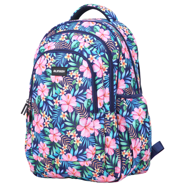 Angled view of Tropical Bloom Large School Backpack Lightweight yet strong with YKK zips
