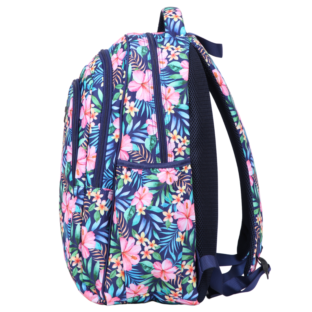 Side view of Tropical Bloom Large School Backpack Deep side pockets and multiple carry handles