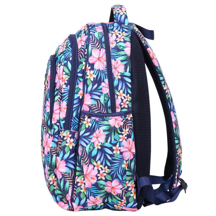 Side view of Tropical Bloom Large School Backpack Deep side pockets and multiple carry handles
