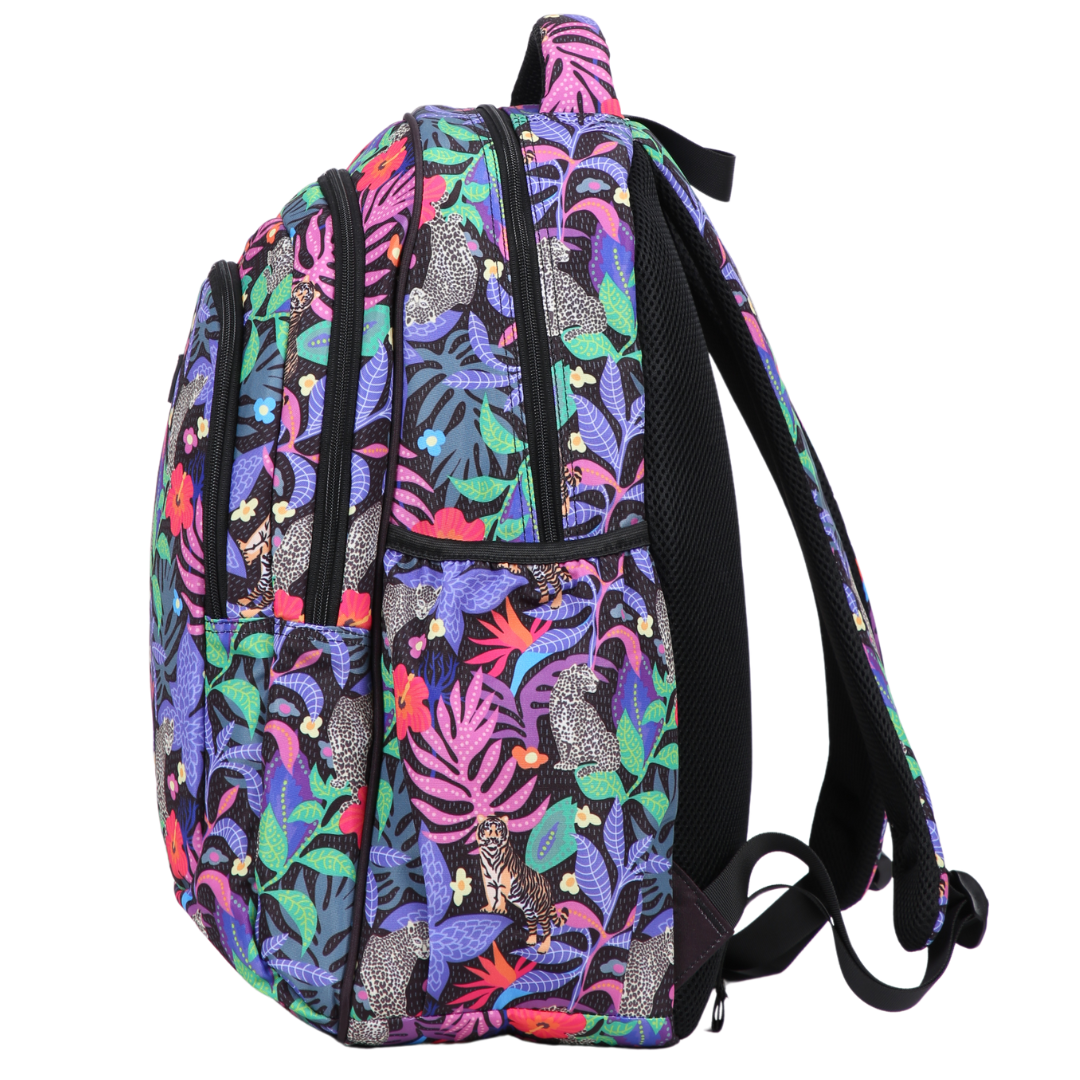 Side view of Tropical Chaos Large School Backpack Deep side pockets and multiple carry handles
