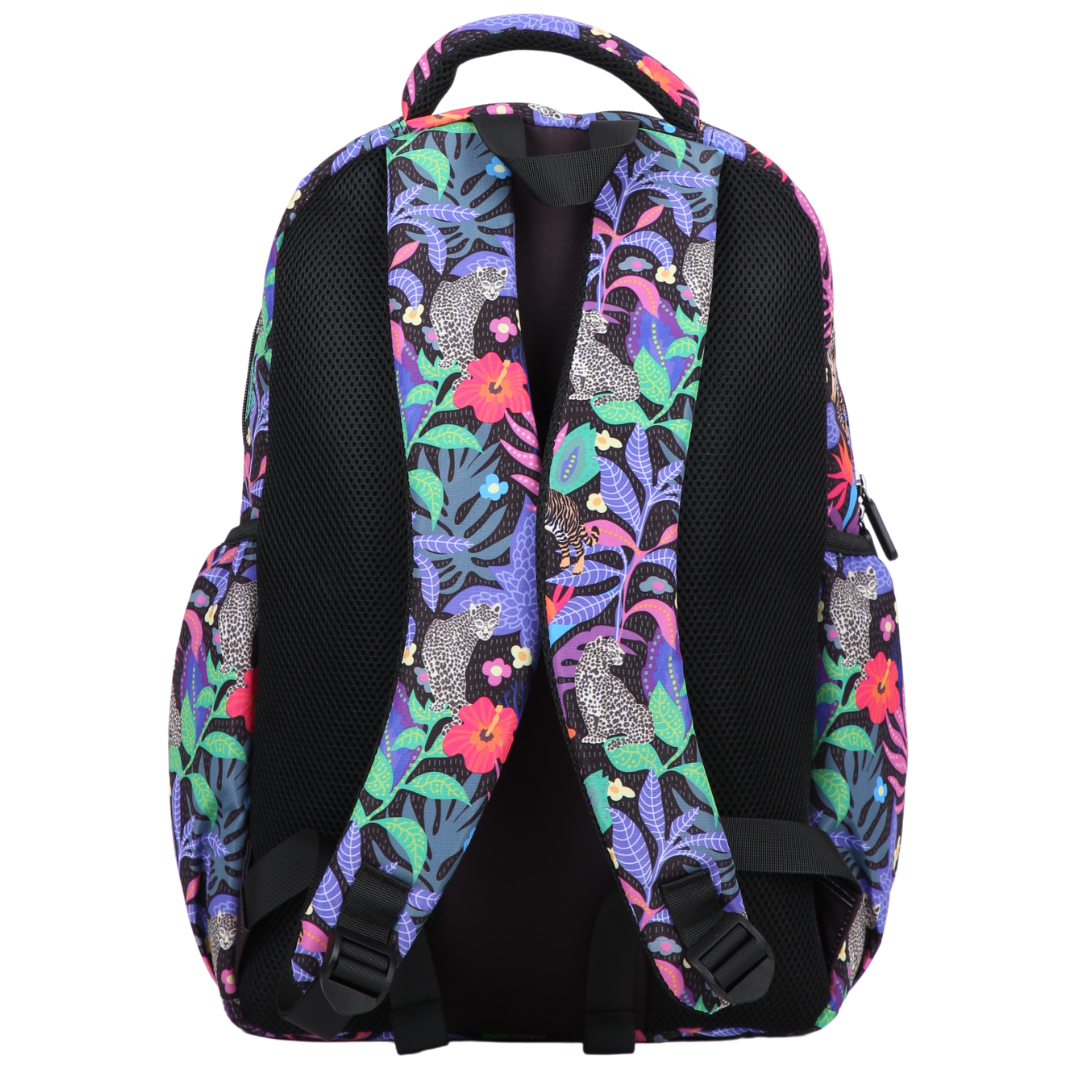 Back view of Tropical Chaos Large School Backpack Padded straps and breathable cushions for comfort