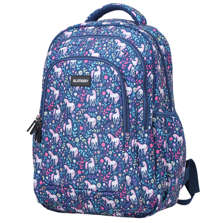 A large school backpack with a multicolor unicorn pattern, featuring multiple compartments, side pockets, and an ergonomic design with padded straps and back.