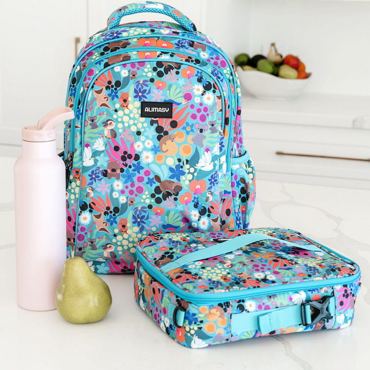 Blue australian animals kids backpack and matching lunch bag