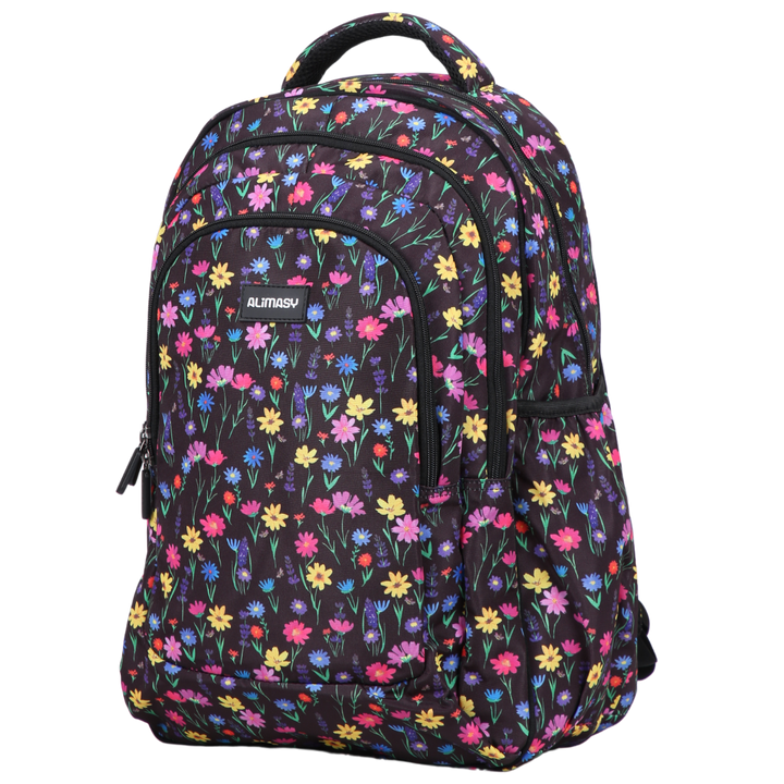 Angled view of Wildflower Meadow Large School Backpack. Lightweight yet strong with YKK zips