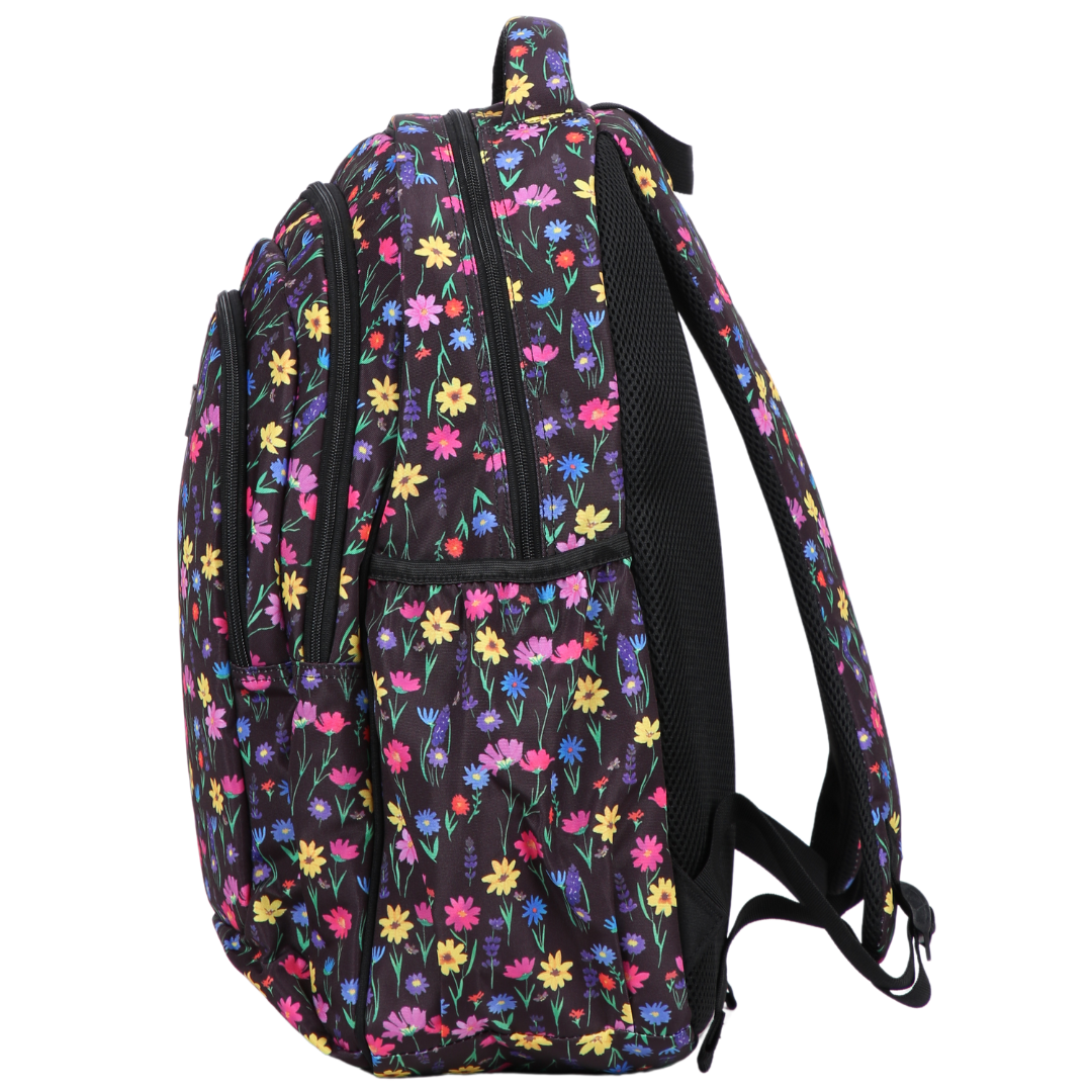 Side view of Wildflower Meadow Large School Backpack. Deep side pockets and multiple carry handles
