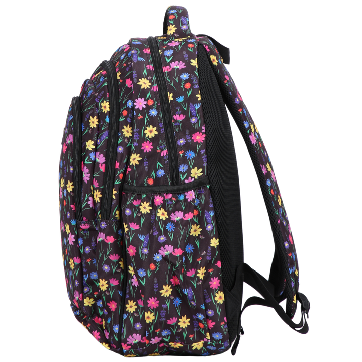 Side view of Wildflower Meadow Large School Backpack. Deep side pockets and multiple carry handles