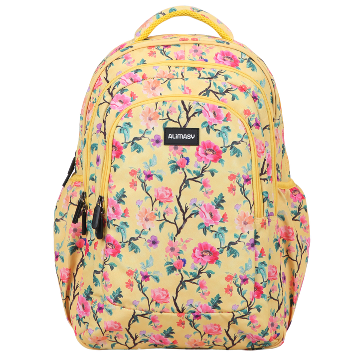 A large yellow floral school backpack with multiple compartments, shown with the brand name 'Alimasy' on the front.