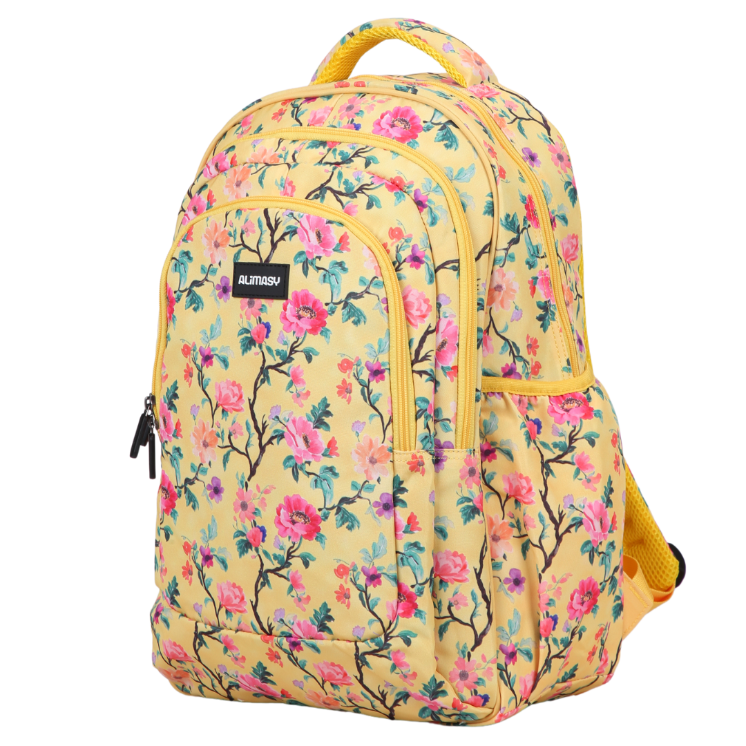 Angled view of Yellow Floral Large School Backpack. Lightweight yet strong with YKK zips