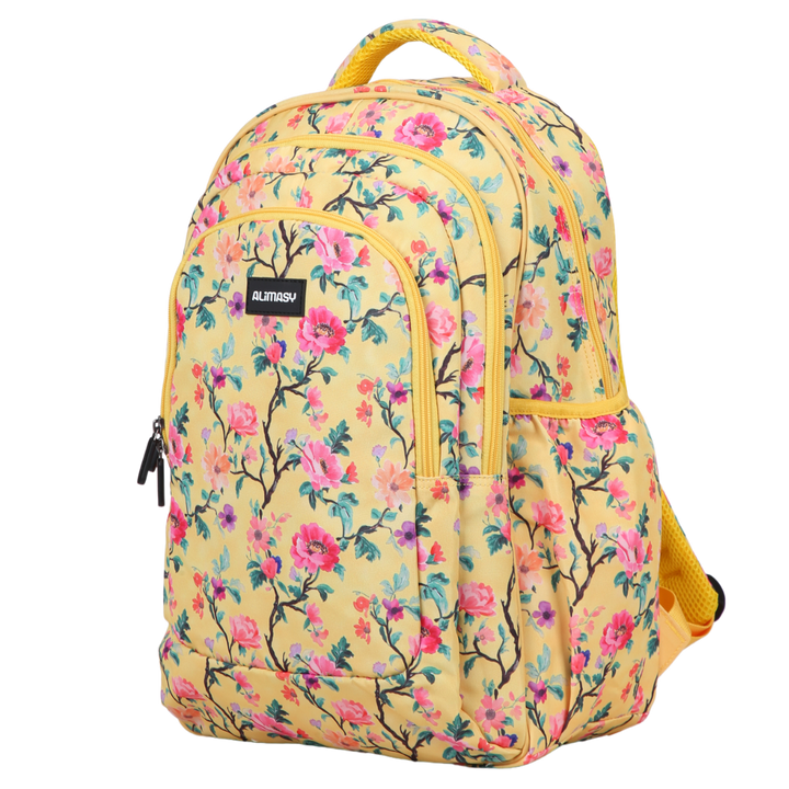 Angled view of Yellow Floral Large School Backpack. Lightweight yet strong with YKK zips