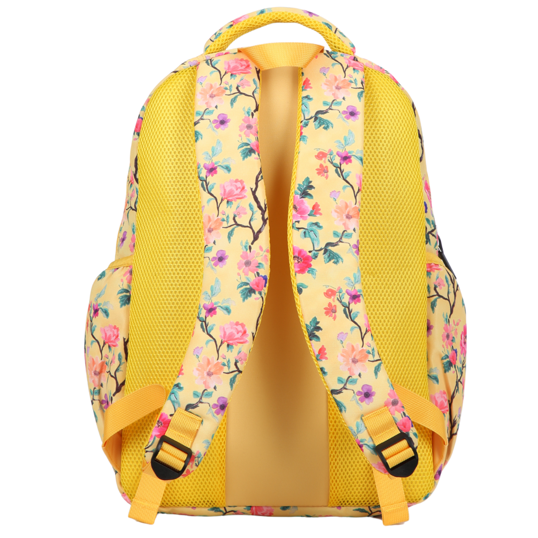 Back view of Yellow Floral Large School Backpack. Padded straps and breathable cushions for comfort