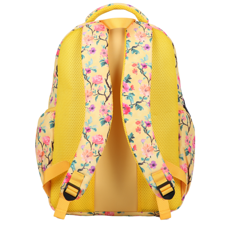 Back view of Yellow Floral Large School Backpack. Padded straps and breathable cushions for comfort