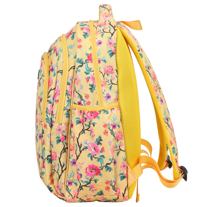 Side view of Yellow Floral Large School Backpack. Deep side pockets and multiple carry handles