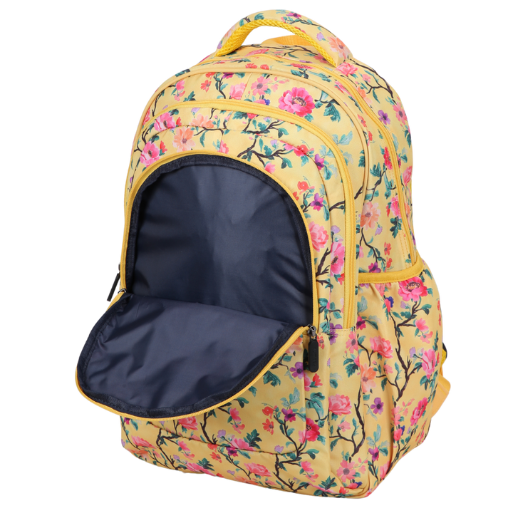 Close-up of Yellow Floral Large School Backpack. Easy clean waterproof lining and durable fabric