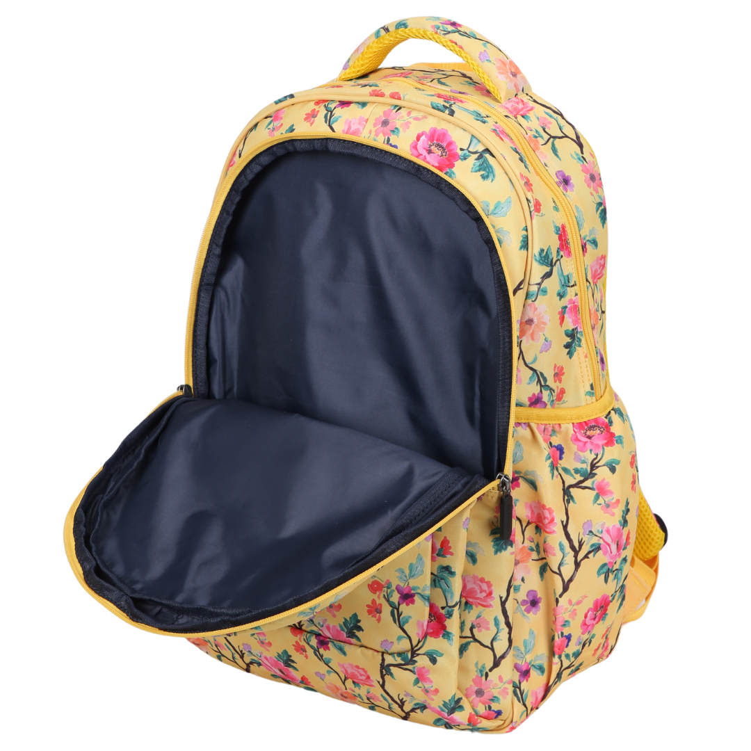 Close-up of Yellow Floral Large School Backpack. Easy clean waterproof lining and durable fabric
