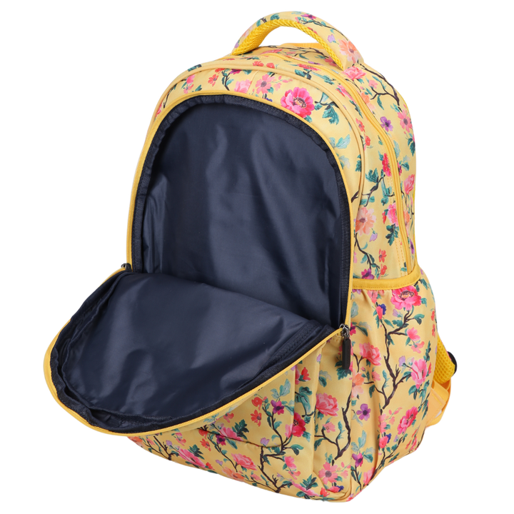 Close-up of Yellow Floral Large School Backpack. Easy clean waterproof lining and durable fabric