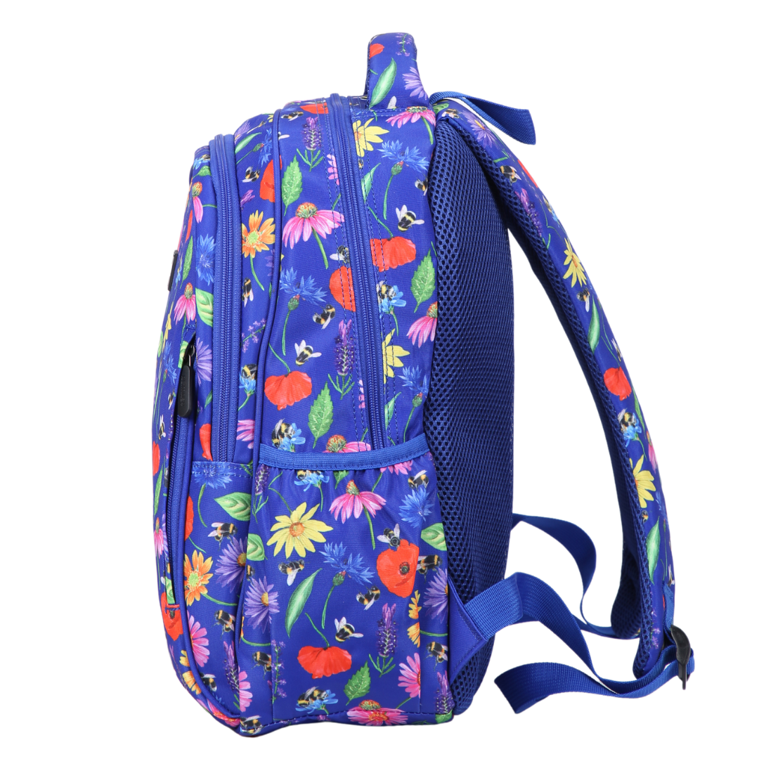 Bees & Wildflowers Midsize Kids Backpack side pocket elasticated for secure water bottle storage