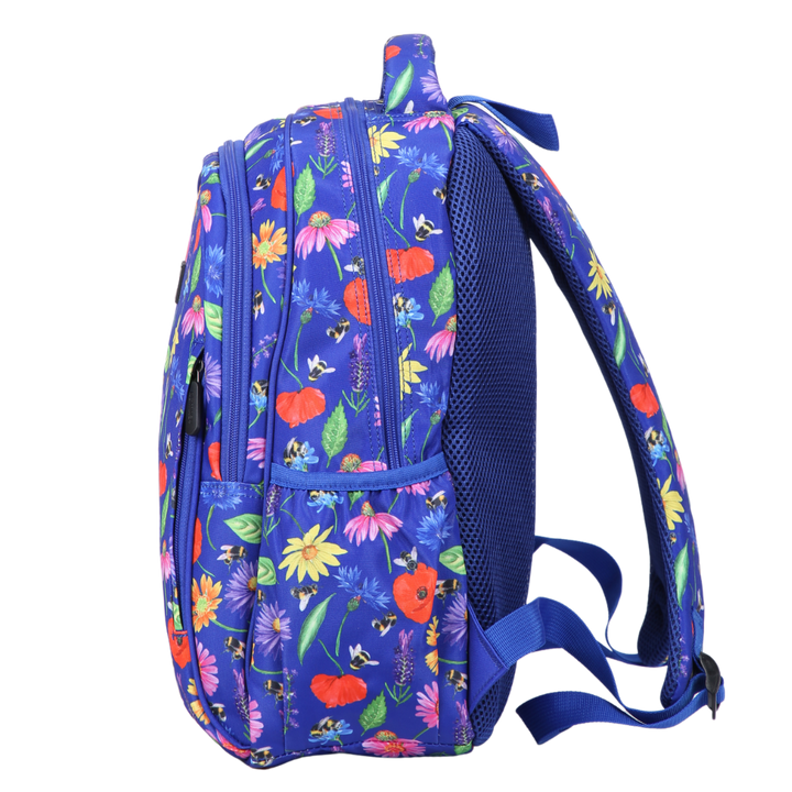 Bees & Wildflowers Midsize Kids Backpack side pocket elasticated for secure water bottle storage