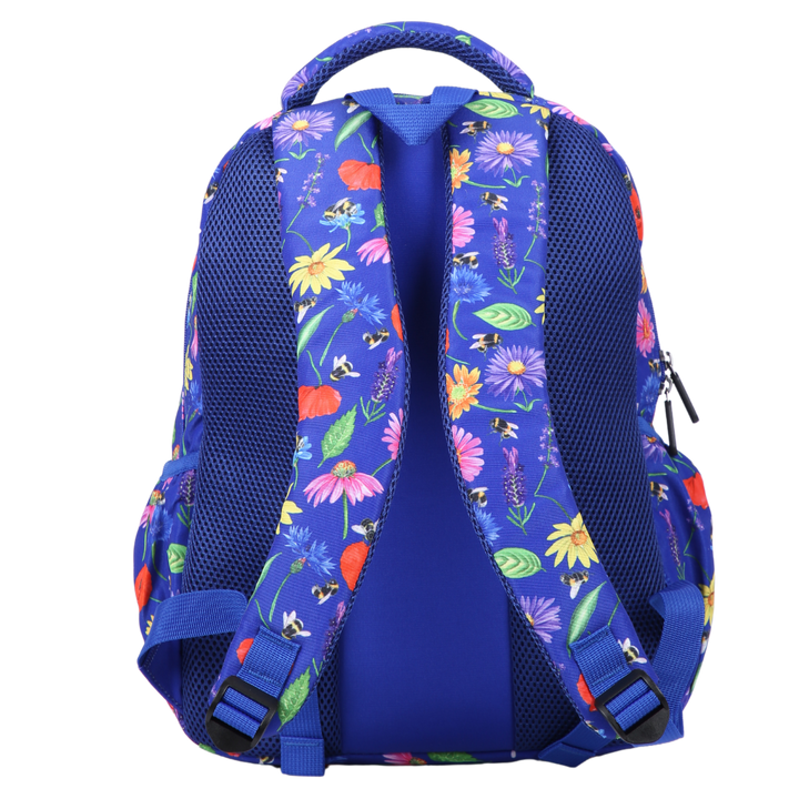 Bees & Wildflowers Midsize Kids Backpack back view ergonomic padded straps and back, comfortable waterproof kids school bag