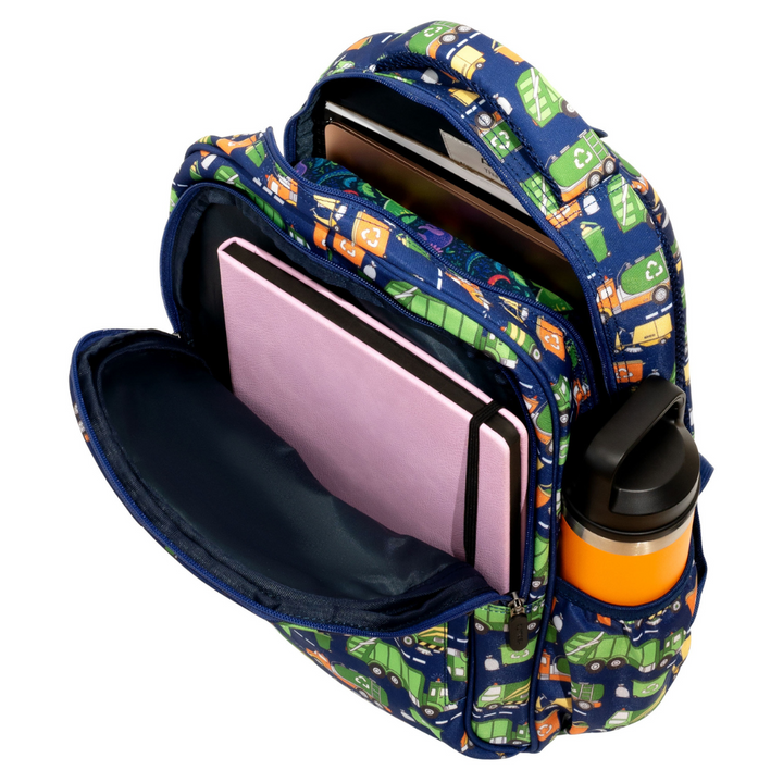 Bin Trucks Midsize Kids Backpack inside view easy-clean waterproof interior lining, durable kids school bag