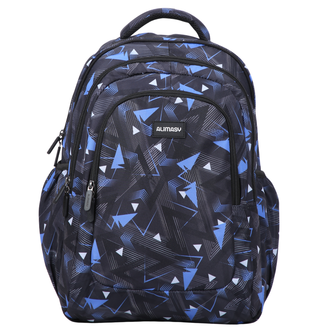 Front view of Blue Geometric Abstract Large School Backpack Durable kids backpack with spacious compartments