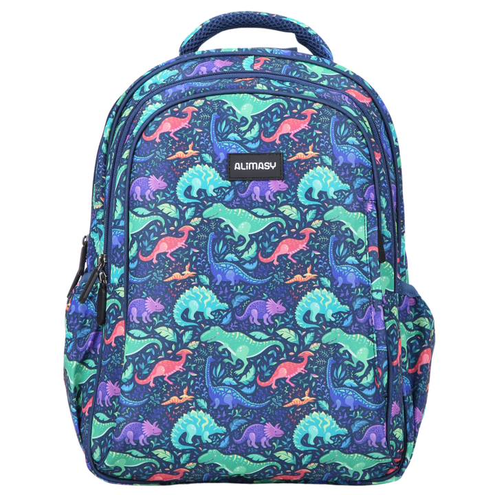 A midsize kids backpack with a bright and colorful dinosaur print, featuring multiple compartments and a padded carry handle.