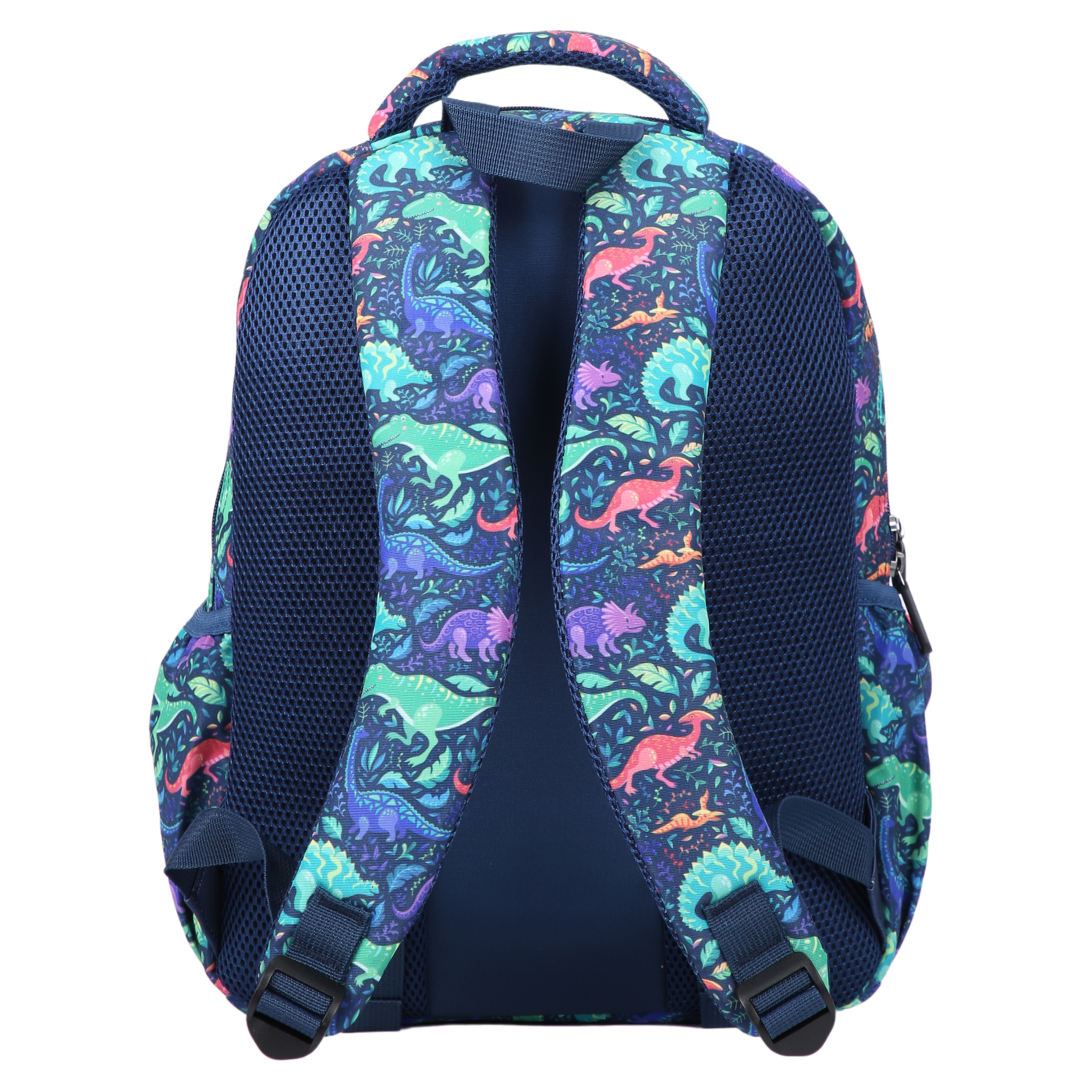 Dinosaurs Midsize Kids Backpack back view ergonomic padded straps and back, comfortable waterproof kids school bag
