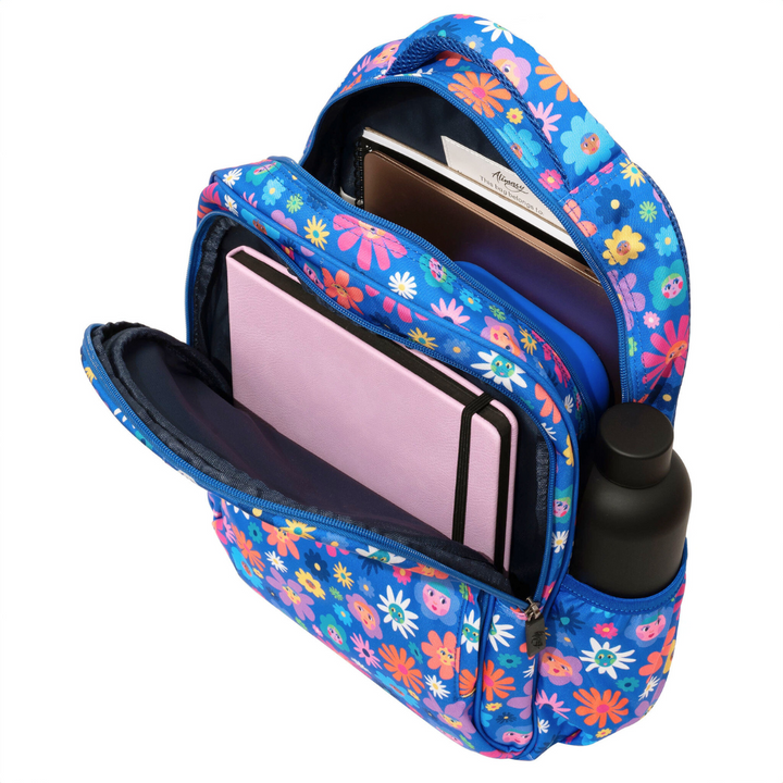 Flower Friends Midsize Kids Backpack inside view easy-clean waterproof interior lining, durable kids school bag