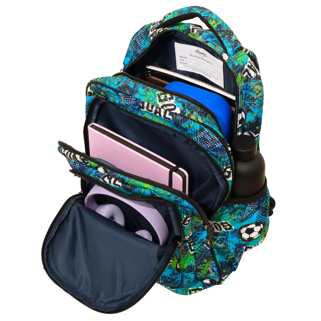 Close-up of Football Large School Backpack open with Easy clean waterproof lining and durable fabric