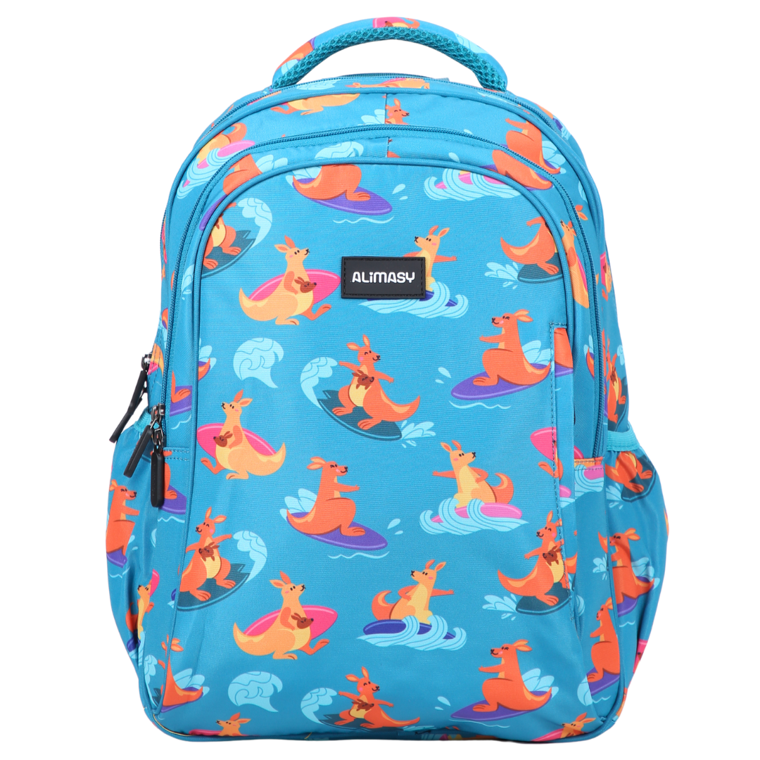 Surfing Kangaroos Midsize Kids Backpack front view lightweight waterproof preschool and primary school bag Australia NZ