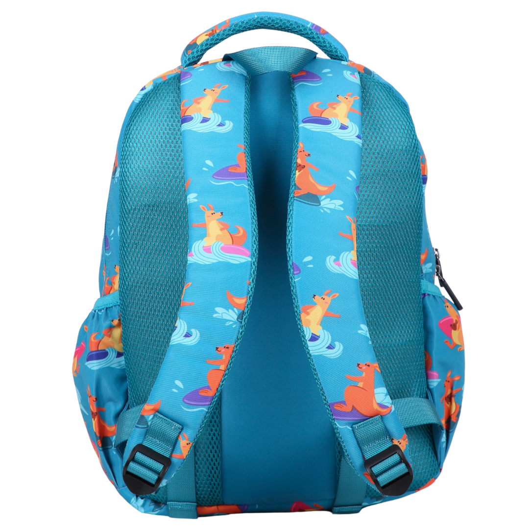Surfing Kangaroos Midsize Kids Backpack back view ergonomic padded straps and back, comfortable waterproof kids school bag