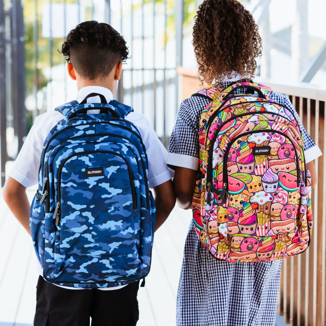 boy and girl in school unform wearing colourful backpacks for school bags