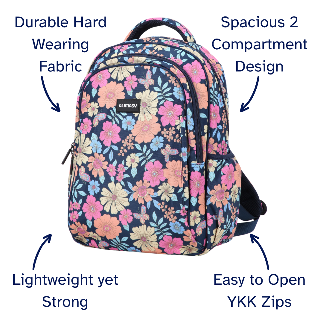 Floral patterned backpack with features highlighted on a white background